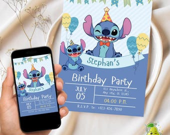 Editable Stitch Birthday Invitation Template, Blue Stitch Invite Printable, Kids Stitch Invitation Canva, Digital Download
