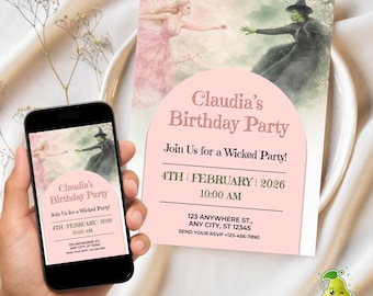 Green Pink Wicked Party Invite, Editable Wicked Invitation, Good Witch Birthday, Canva Digital Template