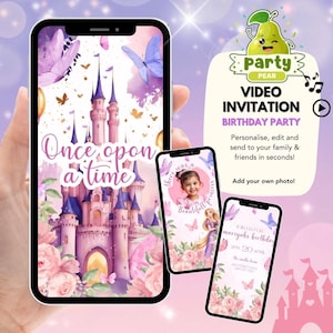 Może przedstawiać: Smartfon wyświetla zaproszenie na przyjęcie urodzinowe w stylu bajkowym. Na głównym ekranie widoczny jest zamek z napisem "Once upon a time". Dodatkowe ekrany prezentują zdjęcie dziecka i szczegóły przyjęcia. Obraz zawiera motyle i elementy kwiatowe.