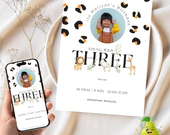 Cute Safari Birthday Invitation | Editable Kids Party Template | Animal Theme Printable Card (Digital Download)