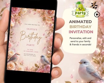 Elegant Bird Birthday Video Invitation, Animated Floral Invitation, Editable Canva Template