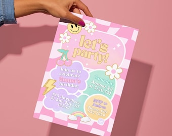 Pink Preppy Birthday Invite, Editable Preppy Invitation Canva Template, Smiley Face Party Invite, Preppy Girl Birthday Invitation