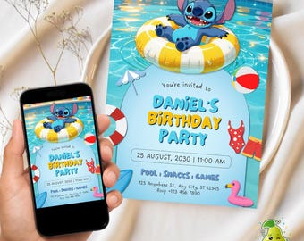 Editable Stitch Pool Party Invitation, Kids Birthday Pool Invite Canva Template, Digital Download