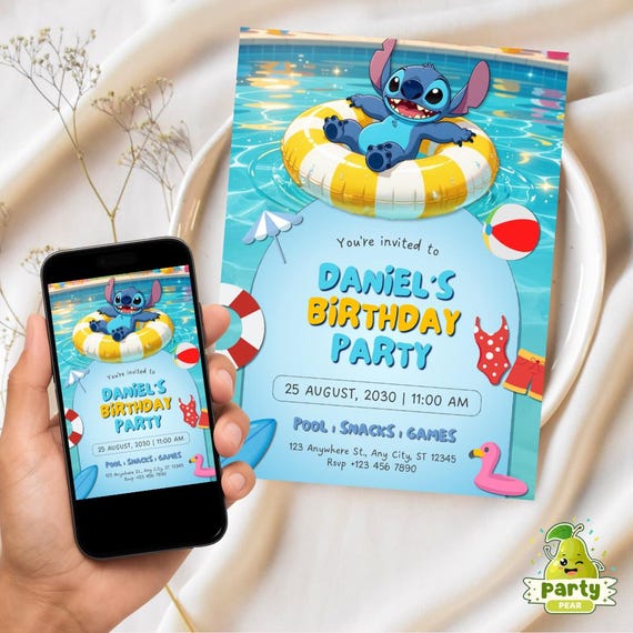 Editable Stitch Pool Party Invitation, Kids Birthday Pool Invite Canva Template, Digital Download
