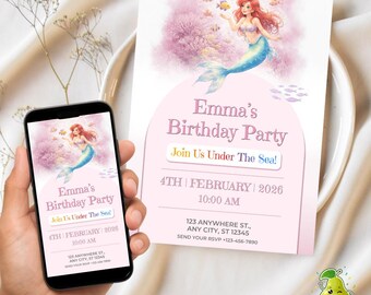 Pink Little Mermaid Invite, Editable Under the Sea Birthday Invitation, Pastel Watercolor Mermaid Invitation, Digital Canva Template