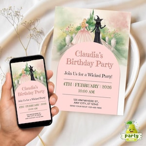 Könnte beinhalten: Rosa Geburtstagseinladung mit dem Text "Claudia's Birthday Party" und "Join Us for a Wicked Party!". Illustrationen von zwei Frauen. Ein Smartphone zeigt die gleiche Einladung. Das Datum ist der 4. Februar 2026.
