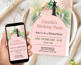 Wicked Themed Party Invite, Editable Wicked Invitation, Green Pink Pastel Good Witch Birthday, Canva Digital Template
