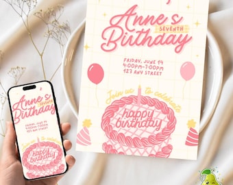 Pastel Birthday Invitation Girl, Retro Vintage Cake Invite, Editable Canva Template, Pink Aesthetic Party Invite, Printable Download