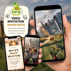 May include: A promotional image for a video invitation. The image shows three smartphones displaying a Harry Potter-themed birthday party invitation. The invitation features a golden snitch and text that reads "Harry's Magical 8th Birthday". The image also includes a logo with a pear.