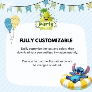 May include: A digital invitation template featuring a cartoon pear logo with the text Party Pear, blue and yellow balloons, and bunting. The text reads FULLY CUSTOMIZABLE, followed by instructions for customization and a blue character in a pool float.