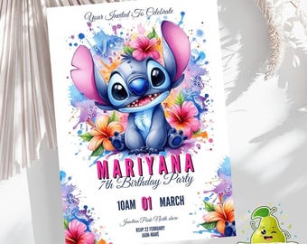 Watercolor Stitch Birthday Invitation, Aloha Stitch Party Invite Tropical Kids Birthday Printable, Editable Canva Template