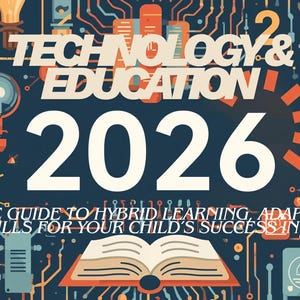 May include: An illustrated graphic with the words "TECHNOLOGY & EDUCATION 2026" in large white letters. The image includes a circuit board design with the text "A COMPLETE GUIDE TO HYBRID LEARNING, ADAPTIVE APPS & FUTURE SKILLS FOR YOUR CHILD'S SUCCESS IN THE AI ERA."