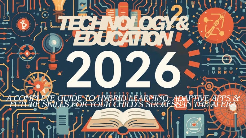 May include: An illustrated graphic with the words "TECHNOLOGY & EDUCATION 2026" in large white letters. The image includes a circuit board design with the text "A COMPLETE GUIDE TO HYBRID LEARNING, ADAPTIVE APPS & FUTURE SKILLS FOR YOUR CHILD'S SUCCESS IN THE AI ERA."