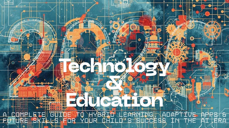 May include: A teal and orange graphic with the words "Technology & Education" in white. The image has a circuit board design with gears and other mechanical elements. The text at the bottom reads "A COMPLETE GUIDE TO HYBRID LEARNING..." and "FUTURE SKILLS FOR YOUR CHILD'S SUCCESS IN THE AI ERA."