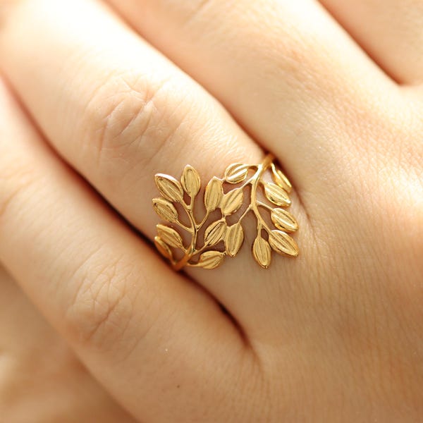 Blattgoldring, Ringe Gold Damen, Pflanzen Ring, Offener Blattring, 18K Gold Edelstahlring, Lorbeerblatt Ring, Verstellbarer Goldring