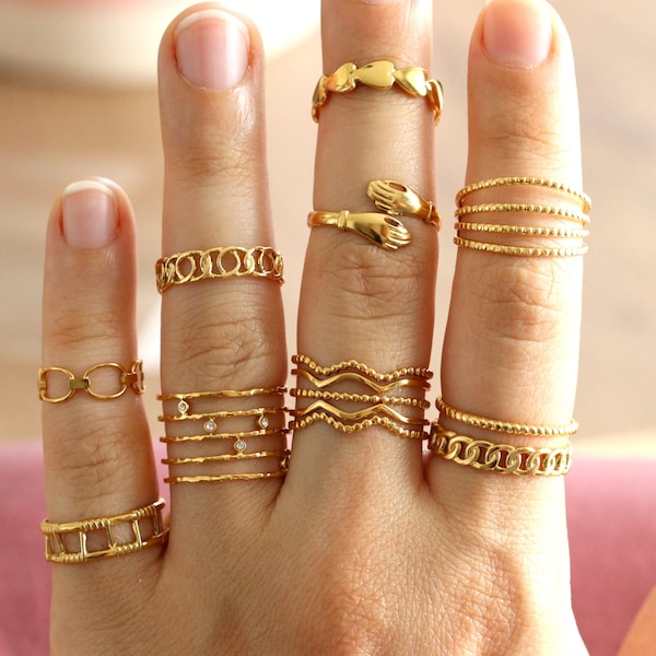 18K Gold adjustable rings for women, stackable ring, chunky ring gold stacking ring, summer jewelry, boho ring set, open ring