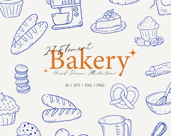 Set of Hand Drawn Bakery Line Art Clipart Doodle Style Vector Illustrations, Bread, for Pastry Shops, Baking Logos, Stickers and Decor