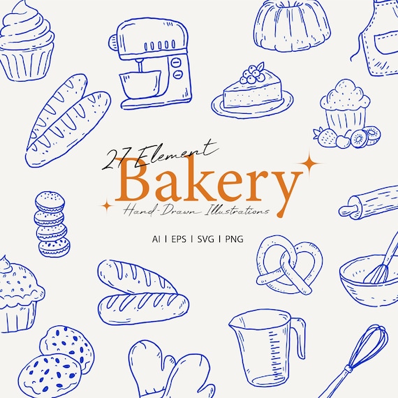 Set of Hand Drawn Bakery Line Art Clipart Doodle Style Vector Illustrations, Bread, for Pastry Shops, Baking Logos, Stickers and Decor