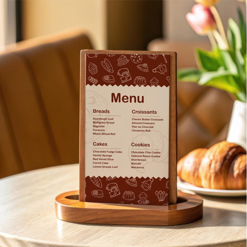 May include: A wooden menu holder displaying a menu with categories for breads, croissants, cakes, and cookies. The menu features a brown and white design with illustrations of baked goods. A croissant sits on a plate in the background.