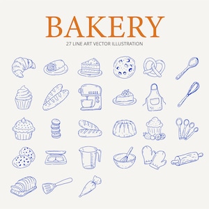 May include: An illustration featuring various bakery items and tools, including a croissant, cake slices, cookies, a mixer, and an apron. The word "BAKERY" is displayed in orange, with the text "27 LINE ART VECTOR ILLUSTRATION" below.