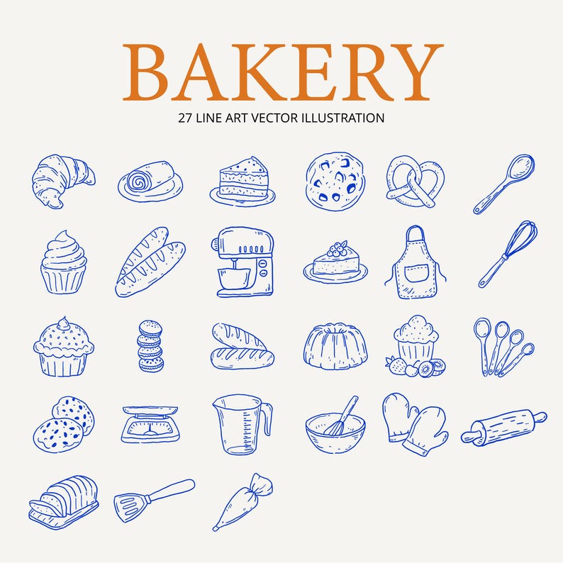 May include: An illustration featuring various bakery items and tools, including a croissant, cake slices, cookies, a mixer, and an apron. The word "BAKERY" is displayed in orange, with the text "27 LINE ART VECTOR ILLUSTRATION" below.