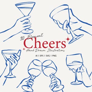 Puede incluir: Ilustración digital con arte lineal azul de manos sosteniendo copas de cóctel y vino. La palabra "Cheers" está en rojo, con "30 Element Hand-Drawn Illustrations" debajo. Ideal para diseños festivos.