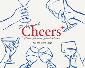 Cheers Clipart Bundle | Hand Drawn Drink Glass Illustrations | Line Art Hands Holding Cocktail Glasses SVG PNG | Wedding Party Wine Art