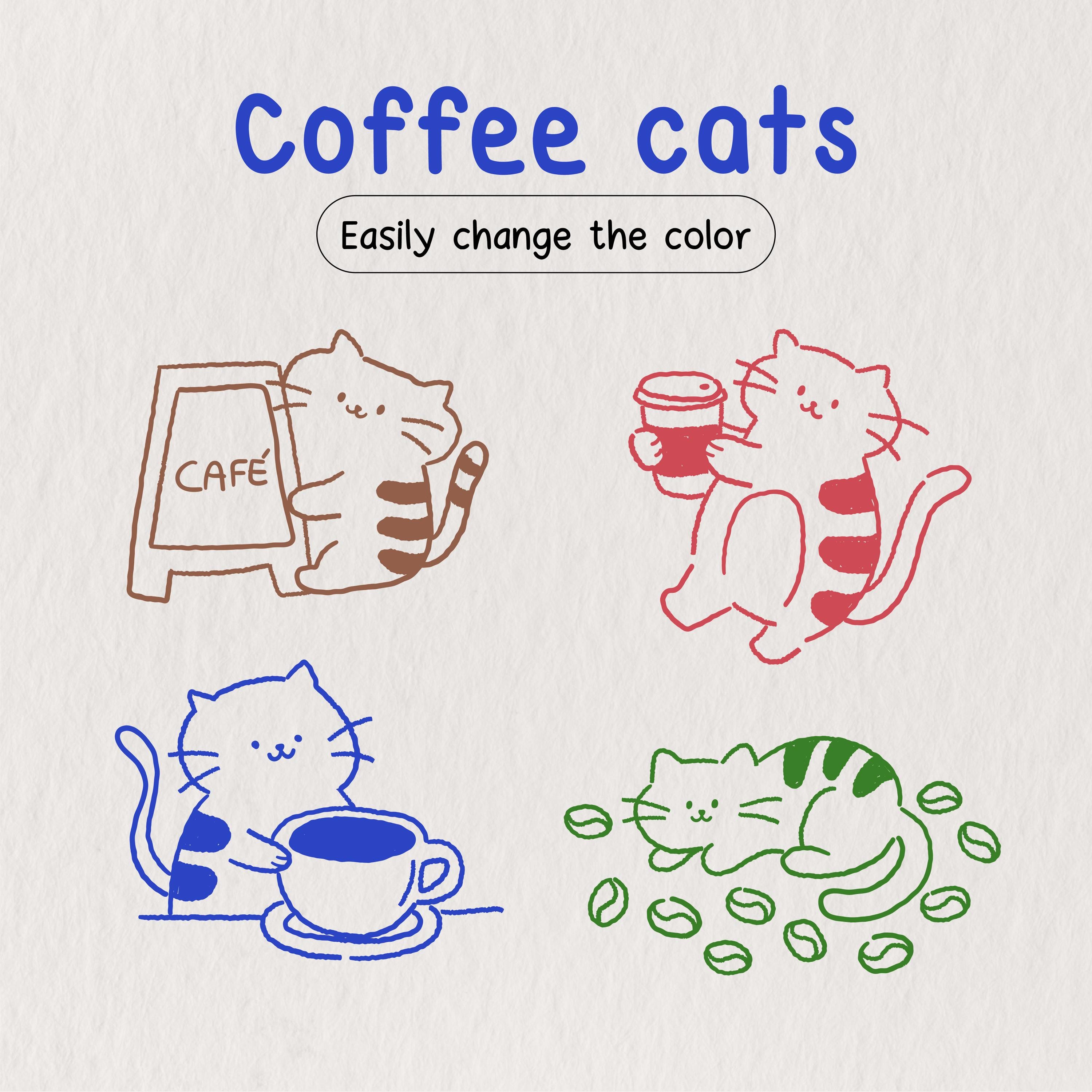 Coffee Cats Collection – Whimsical Hand-drawn Cafe Clipart, Coffee and ...