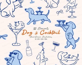 Bachelorette Dog Cocktail Bundle, Funny Dachshund Drinking Martini, Wedding Party Dog Clipart, SVG EPS PNG (Digital Download)