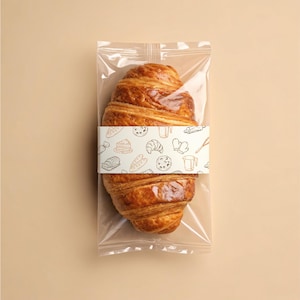 May include: A golden-brown croissant in a clear plastic bag, wrapped with a band featuring bakery-themed illustrations. The pastry is freshly baked, with a flaky texture and a rich, buttery appearance. The packaging is sealed, suggesting freshness.
