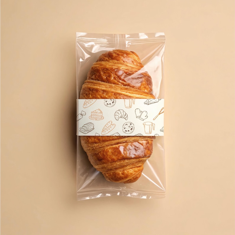 May include: A golden-brown croissant in a clear plastic bag, wrapped with a band featuring bakery-themed illustrations. The pastry is freshly baked, with a flaky texture and a rich, buttery appearance. The packaging is sealed, suggesting freshness.
