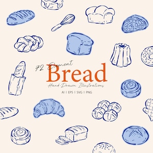 Könnte beinhalten: Eine Sammlung handgezeichneter Brotillustrationen in Blau und Weiß, darunter ein Brotlaib, ein Croissant und ein Baguette. Das Wort "Bread" ist orange, mit dem Text "72 Element" darüber. Darunter steht "Hand-Drawn Illustrations".