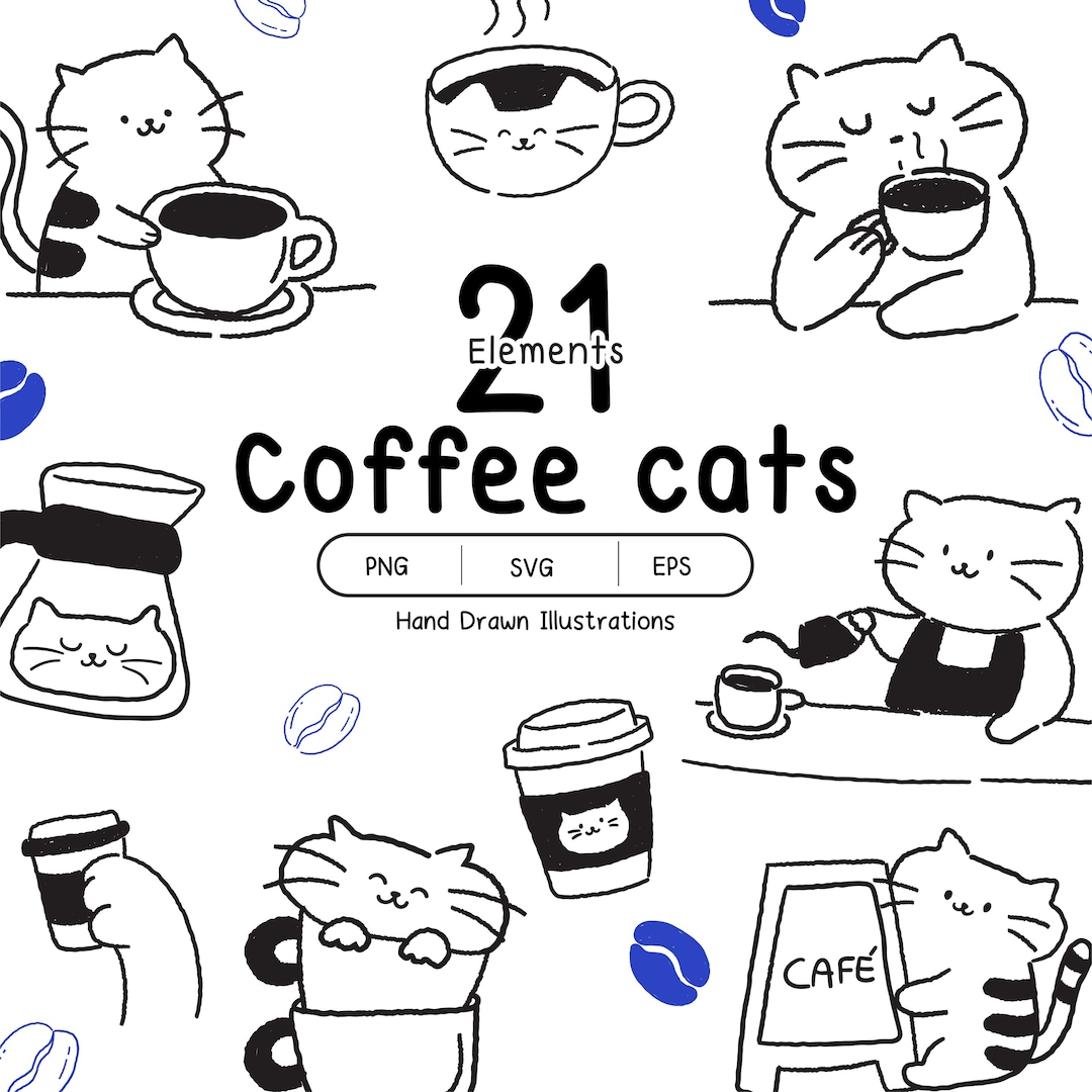 Coffee Cats Collection – Whimsical Hand-drawn Cafe Clipart, Coffee and ...