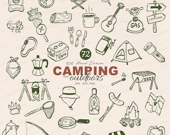 Camping Clipart Bundle Outdoor Adventure Line Art Hiking hand drawn elements | PNG, EPS, SVG, Canva Editable