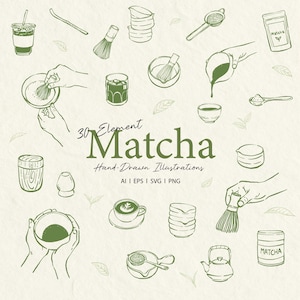 May include: Hand-drawn illustrations of matcha tea preparation elements, including a whisk, bowl, spoon, and cup. The image features the text "30 Element Matcha Hand-Drawn Illustrations". The illustrations are in green on a cream background.