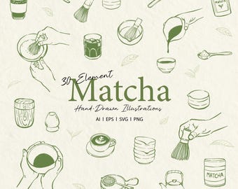 Matcha Clipart Bundle | Hand Drawn Matcha Tea Illustrations | Japanese Tea Ceremony Doodle for Cafe and Branding Decorations ( SVG PNG EPS)