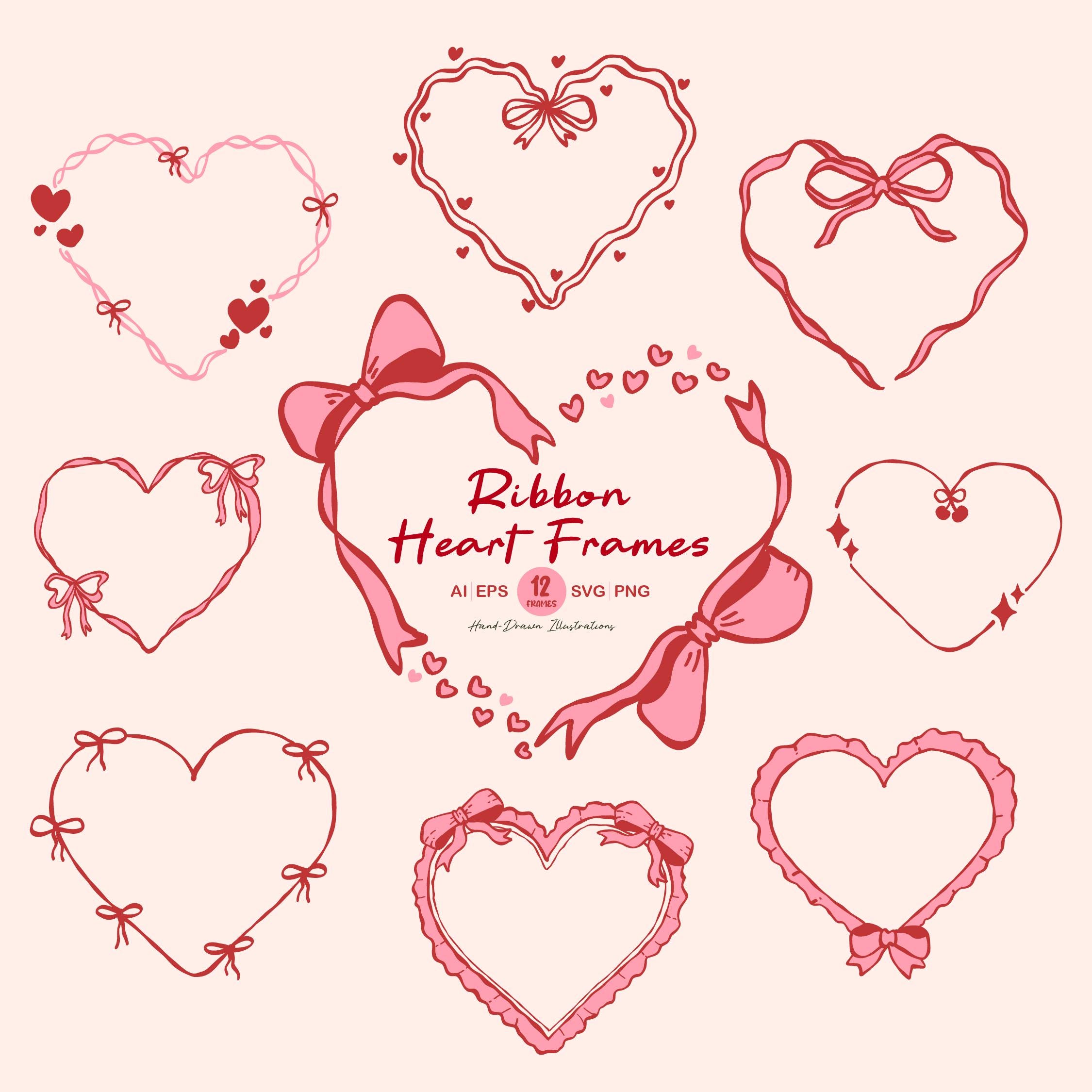 Hand-drawn Ribbon Heart Frame Clipart Set SVG PNG EPS | Romantic Bow ...