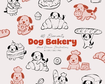 Dog Bakery Clipart Bundle, Hand Drawn Puppy Baker, Donut Bread Croissant Set, PNG SVG EPS (Digital Download)