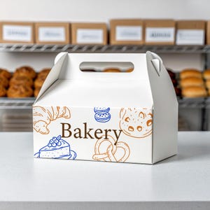 May include: A white bakery box with a handle, featuring illustrations of baked goods in brown and blue. The word "Bakery" is printed in brown. The box is on a white surface, with baked goods visible in the background.