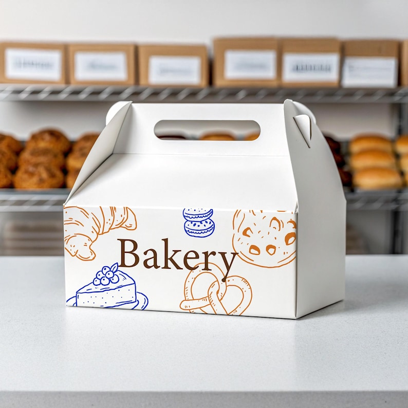 May include: A white bakery box with a handle, featuring illustrations of baked goods in brown and blue. The word "Bakery" is printed in brown. The box is on a white surface, with baked goods visible in the background.