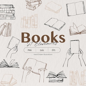 Hand Drawn Bookish Book Clipart Bundle, Line Art Vector Illustrations of Open Closed Stacked Books  Hands Holding Book for Book Lover Design