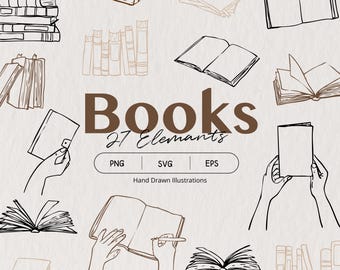 Hand Drawn Bookish Book Clipart Bundle, Line Art Vector Illustrations of Open Closed Stacked Books  Hands Holding Book for Book Lover Design