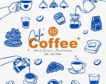 Coffee Clipart Bundle | Cafe Hand Drawn Coffee Illustrations | Mug Beans Espresso Latte Stickers | PNG SVG EPS File Digital