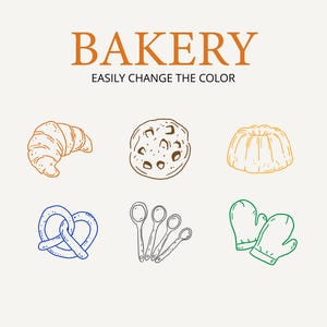 May include: A digital illustration featuring bakery-themed icons. Includes a croissant, cookie, bundt cake, pretzel, measuring spoons, and oven mitts. The word "BAKERY" is displayed above the icons, with the text "EASILY CHANGE THE COLOR" below.