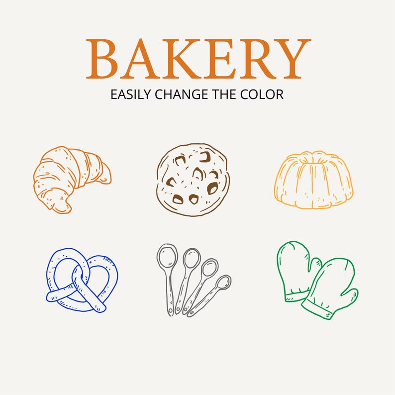 May include: A digital illustration featuring bakery-themed icons. Includes a croissant, cookie, bundt cake, pretzel, measuring spoons, and oven mitts. The word "BAKERY" is displayed above the icons, with the text "EASILY CHANGE THE COLOR" below.