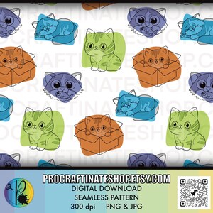Puede incluir: Patrón sin costuras con gatos de dibujos animados en azul, verde y naranja. Los gatos están representados durmiendo, en cajas y con peces, sobre un fondo blanco. El patrón incluye el texto "PROCRAFTINATESHOP.ETSY.COM".