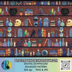 May include: A seamless pattern featuring a bookshelf filled with potion bottles, books, skulls, candles, and other magical items. The background is a dark brown wood with a repeating pattern of shelves.