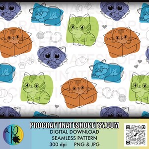 Puede incluir: Un patrón sin costuras que presenta lindos gatos de dibujos animados en varias poses, incluyendo dormir, jugar con hilo y sentarse en cajas. Los gatos están delineados en negro y se colocan sobre un fondo blanco con formas abstractas de colores.