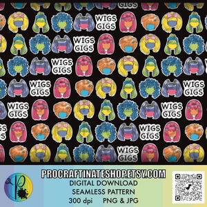 Könnte beinhalten: Ein nahtloses Muster mit bunten Comicfiguren, die Perücken und Gesichtsmasken tragen. Der Hintergrund ist schwarz und der Text "Wigs and Gigs" wird im gesamten Muster wiederholt.