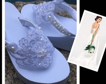 Lace Bridal Flip Flops. High Wedged Shoes. Decorated Wedding Flip Flops. Bling Bridal Shoes. Gem Wedding Shoes. Low Heel Bride Shoes.